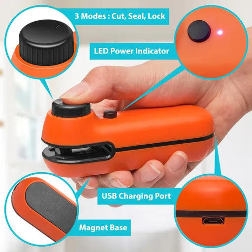 Mini Bag Sealer, Handheld Bag Heat Sealer, 2 in 1 Rechargeable Sealer and Cutter with Pouch, Portable Resealer Machine (Orange)