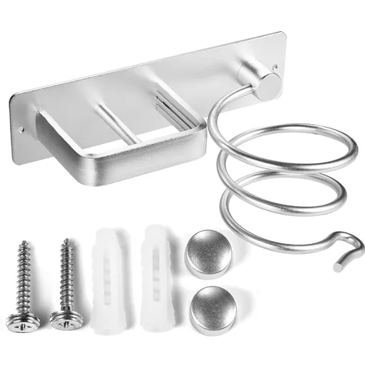 Hair Dryer Holder Hairdryer Station Wall Mounted Spiral Shelf Bracket Stand Hanger Straightener Organizer Blow Storage (Silver)