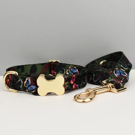 XL Butterfly Boho Patterned Dog Collar with Gold Metal Bone Buckle Adjustable Tribal & Leopard Print Neck Strap for Puppies & Dogs