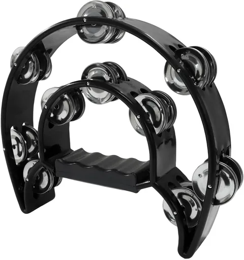 Tambourine Double Row, Metal Jingles Hand Held Percussion, Half Moon Tambourine for Kids/Adults/Party Kids-Black