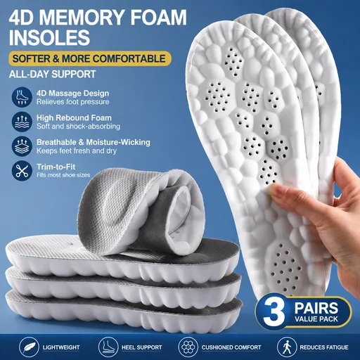 3 Pairs Grey 4D Cloud Insoles for Men and Women Insoles Super Soft Anti-Fatigue, Shock Absorption, Relieve Foot Pain (AU 12–13)