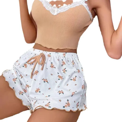 Women Sleepwear Set V Neck Sleeveless Shorts Suit Khaki M