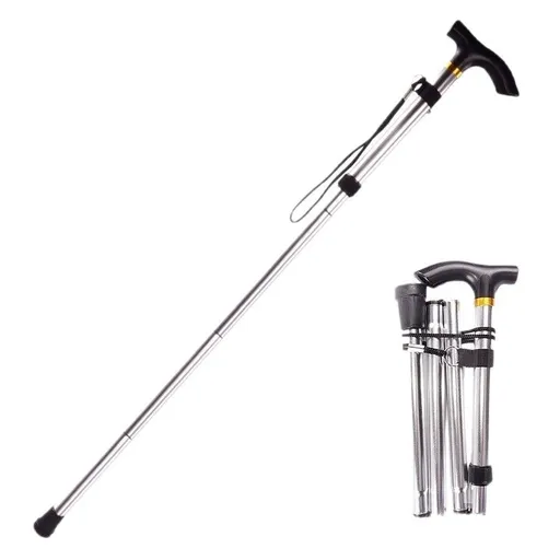 Folding Hiking Stick Silver - Adjustable Aluminum Telescopic Walking Cane, 5-Height Settings 82-95cm, Lightweight Portable Trekking Pole for Seniors and Outdoors