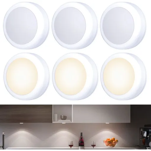 6 Pack Battery Operated Touch LED Spotlights Warm White for Cabinet Wardrobe Kitchen Furniture