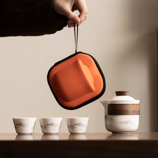 4 Pieces Portable Ceramic Tea Set with Teapot, Cups and Carry Case for Travelling, Camping, Picnics and Everyday Tea Service, White