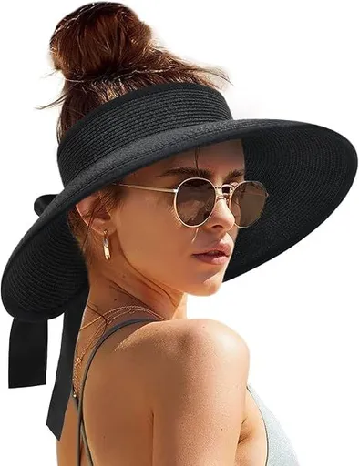 Women Straw Sun Visor Wide Brim UPF 50 Black