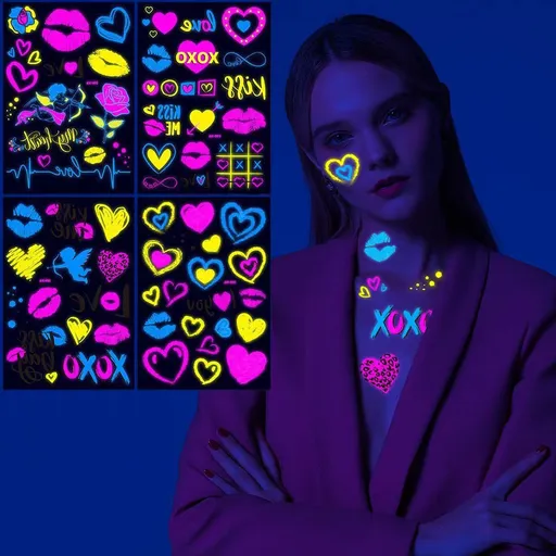 Neon Temporary Tattoos New Love Mixed Style Glitter Cupid Red Lips Heart Flower Glow In The Dark UV Neon Tattoos Stickers