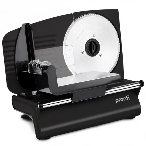 Pronti Black Electric Food Slicer 200W with Adjustable Thickness 1 to 15mm Serrated and Fine Edge Stainless Steel Blades