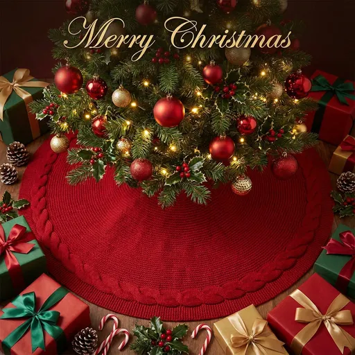 Knitted Christmas Tree Skirt 24 Inch Red Round Tree Base Cover with Cable Knit Border Soft Holiday Decor