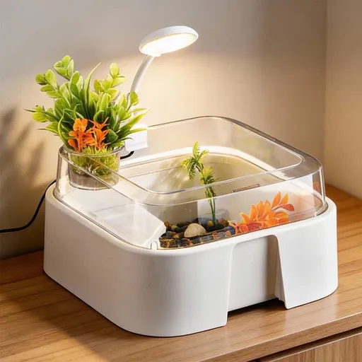 Desktop Mini Turtle Tank, Small Aquatic Habitat with Transparent Lid, Multi-Functional Tank for Small Reptiles
