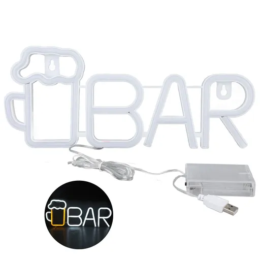 LED Neon Sign BAR Shape Design USB or Battery Powered 14in White