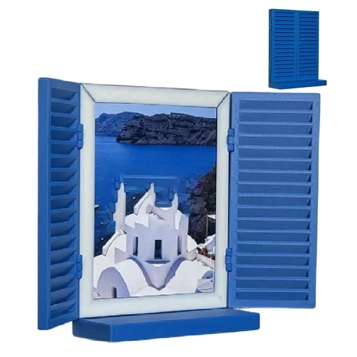 Mediterranean Window Photo & Key Holder, 3D Printed Photo Frame Key Holder Wall Mount, Decorative Frame Organizer with Open & Close Shutter Design for Travel Photos & Family(Blue)