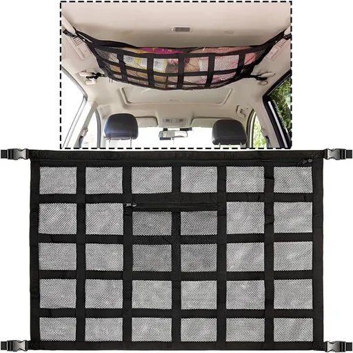 Car Ceiling Cargo Net Pocket, Strengthen Load-Bearing and Droop Less Mesh Organizer, Double-Layer Adjustable Buckle Roof