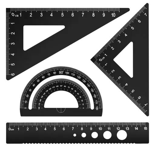 Triangular Ruler Set, 4 Pieces Aluminum Alloy Ruler, Geometric Protractor for Student,Draftsman, School Office Supplies(Black)
