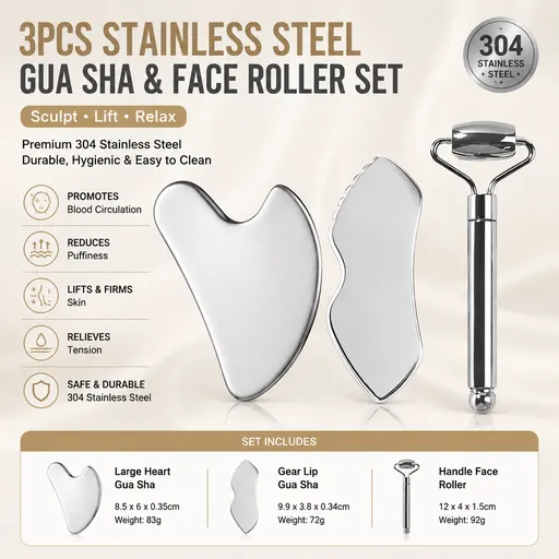 3-Piece Gua Sha & Scraping Tools Set Stainless Steel Large Heart-Shaped Gua Sha Board Gear Lip-Shaped Facial Gua Sha Plate Round Handle Beauty Roller