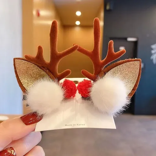Adorable Holiday Antler Barrette, Red & White Pom Pom Brown Horn, Xmas Halloween Costume Hair Ornament