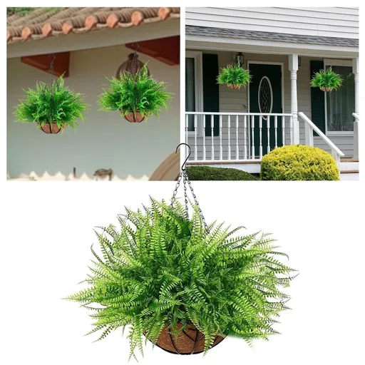 Artificial Hanging Outdoor UV Resistant Boston Fern with Basket, Greenery Hanging Planter for Patio Porch Garden Home Decor Indoor Outside Front Door Balcony Decorations