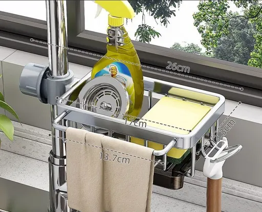 Right Sink Organizer Rack,Hanging Faucet Drain Rack with Drip Tray, Stainless Steel Detachable Sink Faucet Sponge Holder Over Faucet for Kitchen and Bathroom,Scrubbers, Soap,Brush - Silver - Size 26cm