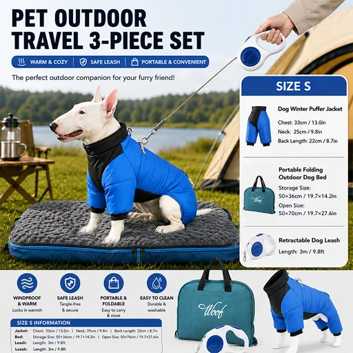 3-Piece Blue Winter Pet Outdoor Travel Set – blue s size Reflective Dog Puffer Jacket, blue 3m Retractable Leash & blue Portable Foldable Dog Bed