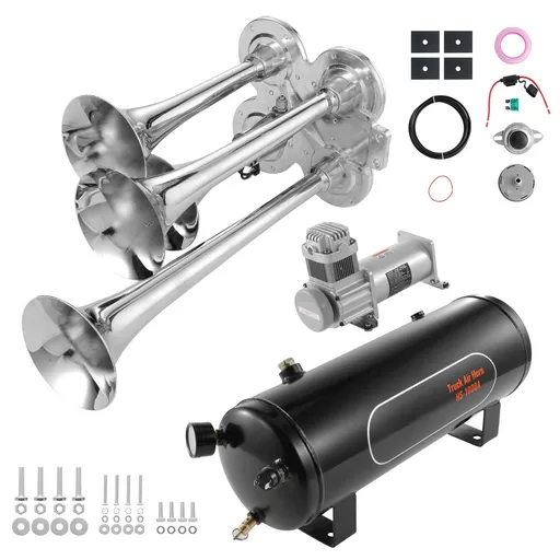 Train Horns Kit, 4 Trumpet Air Horn Kit, 150dB Train Horns for Pickup Trucks, 12V 160 psi Air Compressor 2.6 Gal/10 L Tank with Gauge for Any 12V Vehicle Car Truck Train Van Boat