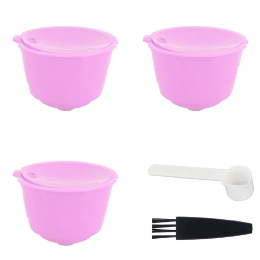 Reusable Capsules Set Refillable Coffee Filter Cup Pod for DOLCE GUSTO Coffee Machine(Purple 3 Capsules1 Spoon 1 Brush)