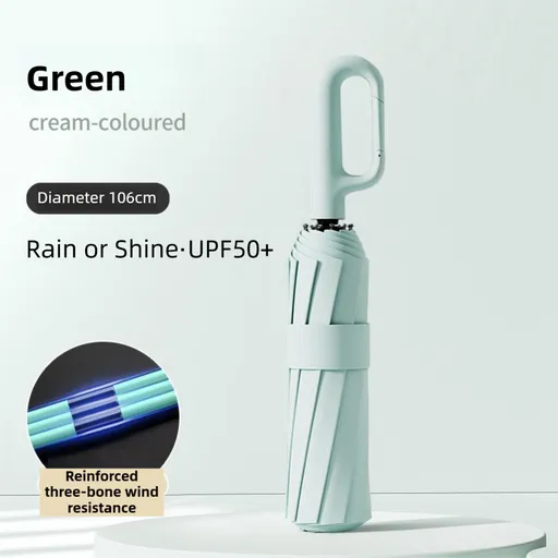Green Heavy Duty Fully Automatic Carabiner Umbrella with Integrated Hook Handle (Diameter 106CM) - Ultra Windproof and UV Protective Sun & Rain Umbrella