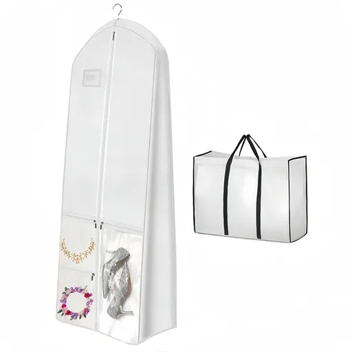 Portable 70" Wedding Dress Garment Bag with Bride Tote Bag 8'' Gusseted Dress Bags for Gowns Long Dress Cover for Women, White