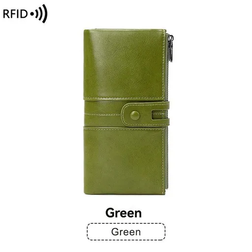 women's leather wallet, anti-skimming wallet, retro style wallet, Korean fashion wallet, long wallet for women, ladies accessory, RFID blocking wallet, genuine leather clutch - Green - Size L