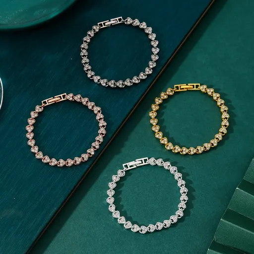 4-piece Aureate and Silvery and Rose Gold and Dark silver Luxury Crystal Heart Tennis Bracelet - European Roman Style Pave CZ Diamond Link Chain - Elegant Gold Silver Rose Gold Plated Fashion Jewelry for Women