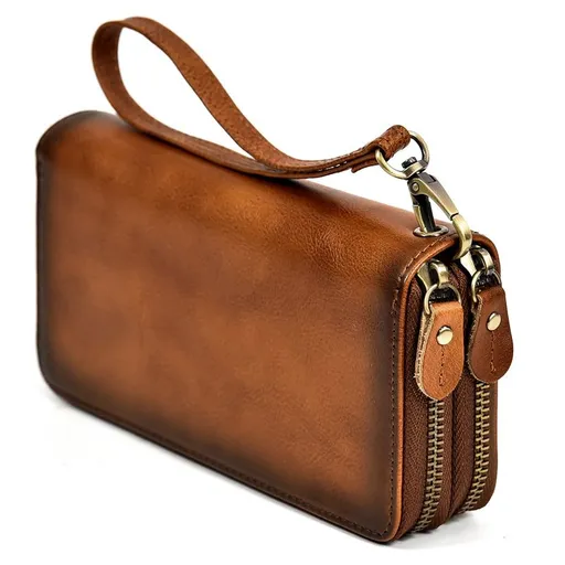 Vegetable Tanned Distressed Top Grain Leather Double Zip Long Wallet, Vintage Genuine Leather Clutch, Large Capacity Bi-Fold Men's Wallet with Leather Wrist Strap.(Rub brown)