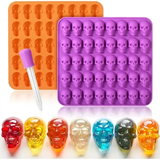 2 Piece 40 Cavity Silicone Skull Baking Mold Set, Orange and Purple