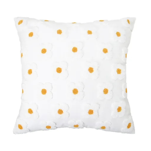 Embroidery Throw Pillow Cover 18x18 Beige Floral Design Home Decor Loop Embroidered Pillow Case Thick Cotton 45x45cm, 2 Piece