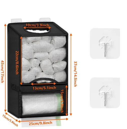 2-in-1 Black Kitchen Plastic Bag & Trash Bag Roll Dispenser - Hanging Grocery & Produce Bag Organizer (17.5x9.9x5.8 inch)