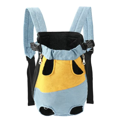 Yellow denim blue Pet Carrier Backpack Front Chest Pack Legs Out Breathable Mesh for Small Dogs Cats Hiking Travel Hands Free Adjustable Design(Size:L)