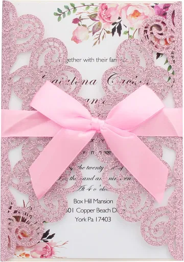 50Pcs Wedding Invitations with Envelopes and Rsvp Cards Pink Glitter Laser Cut Invitations with Pink Ribbons for Engagement Brithday Quinceanera Invites