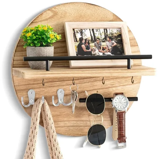 Wooden Key Holder with Storage Tray and Hooks for Hallway Corridor Bedroom Office, Light Brown