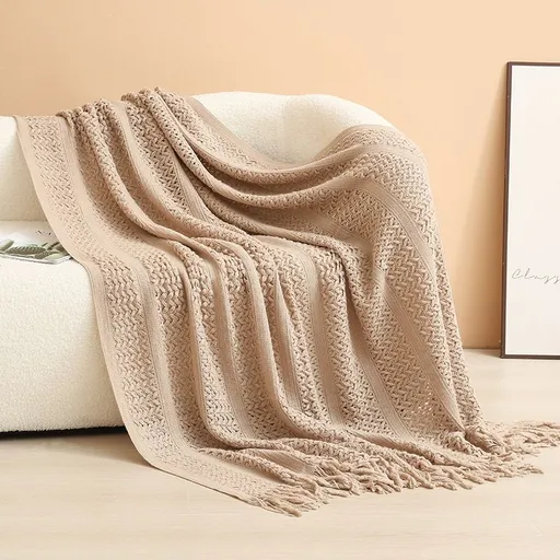 Khaki Elegant Openwork Knitted Throw Blanket with Tassels - 127x180cm Large Decorative Soft Sofa Blanket for Living Room & Bedroom - Breathable Cozy Cover for Travel & Office Nap
