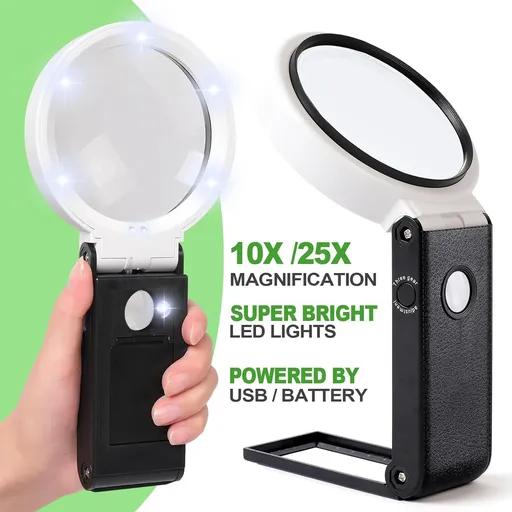 Magnifying Glass with Light, 10X 25X High Magnification with LED Illuminated, or Stand Magnifying Glass for Reading, Inspection