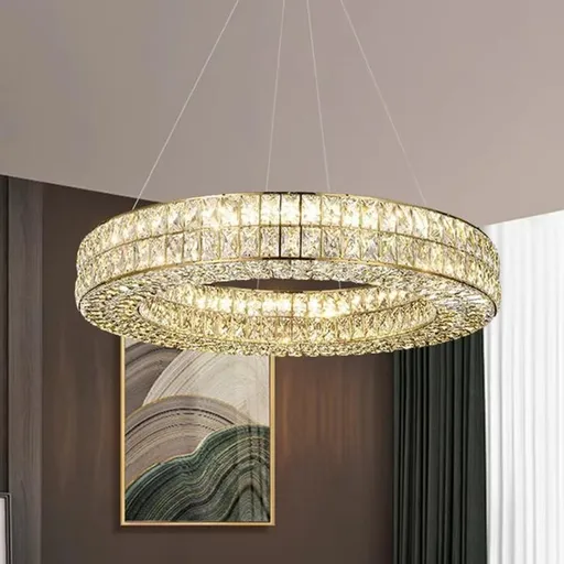 BAMDECOR C3332/1 Round Luxury Crystal Chandelier Modern LED Crystal Chandelier LED Ring Pendant Light Stainless Steel Ceiling Lamp Hanging Lights,for Dining Living Room (Gold)