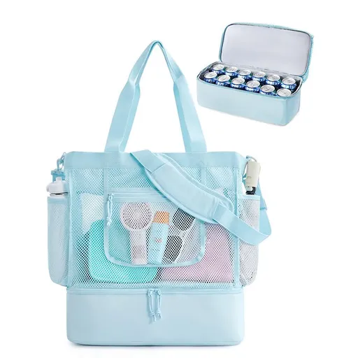 16.5 x 7.9 x 18.9" Light Blue Beach Travel Mesh Tote Bag with 14L Insulated Drink Compartment - Multi Pockets Sandproof Beach Picnic Bag with Picnic Mat Strap, Cup Holder and Waterproof Phone Pocket