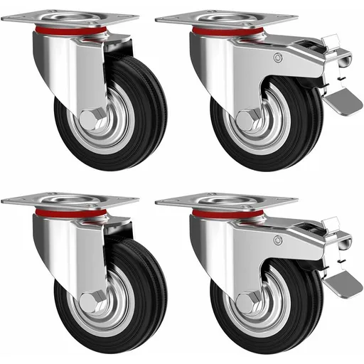 4 pcs Set 75Mm Swivel Castors With Brake - Furniture Castors Up To 50Kg Per Wheel - Heavy Duty - Rubber For Indoor And