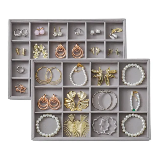 Large Velvet Jewelry Tray Display Drawer Inserts 2 Pack Stackable Jewelry Organizer for Earring Bracelet Necklace Ring 12 Grids+24 Grids - Gray - Size 12 Grids+24 Grids