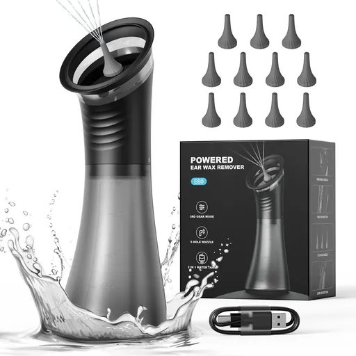 E80 Professional Electric Ear Irrigation and Ear Wax Removal Kit - Type-C Charging, 3 Pressure Levels, 2-in-1 230ML Sewage & Shimizu Tank & 12 Specialized Nozzles(4pcs 1-hole Nozzles +4pcs 3-hole Nozzles + 4pcs 5-hole Nozzles)