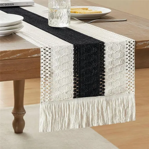 Style Bicolor Stitching Table Runner, 12 x 108 Inch Black/Ivory, Black Table Runners 108 Inches Long, Farmhouse Woven Home Decor