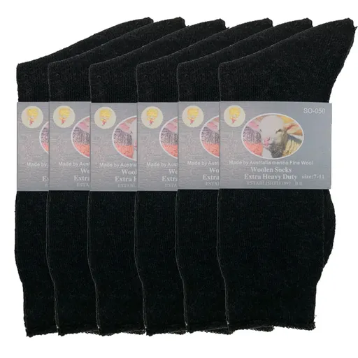 6 Pairs Merino Wool Blend Woolen Work Socks Hiking Heavy Duty Warm Thermal Bulk - Black