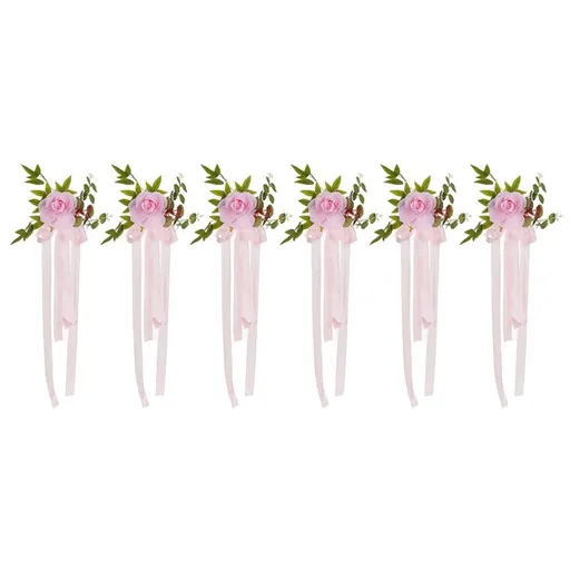 6 Pack Rose Chair Floral Decor With Chiffon Ribbon Green Foliage, Reusable Wedding Aisle Pew Ornament Matching Wisteria Artificial Flowers Garland Decor Sets