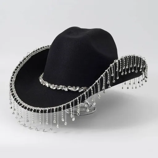 Western Cowboy Hat with Rhinestone Tassel Fringe - Black Felt-Style Party Hat with Decorative Chain for Festivals, Weddings and Stage Outfits