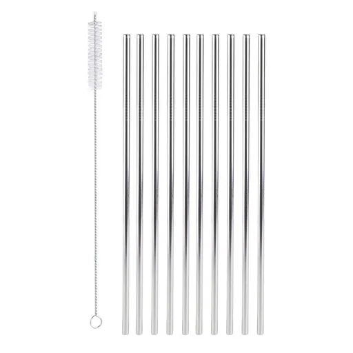 11-Piece Set of Reusable Stainless Steel Drinking Straws with Cleaning Brush - Straight Metal Straws for Use