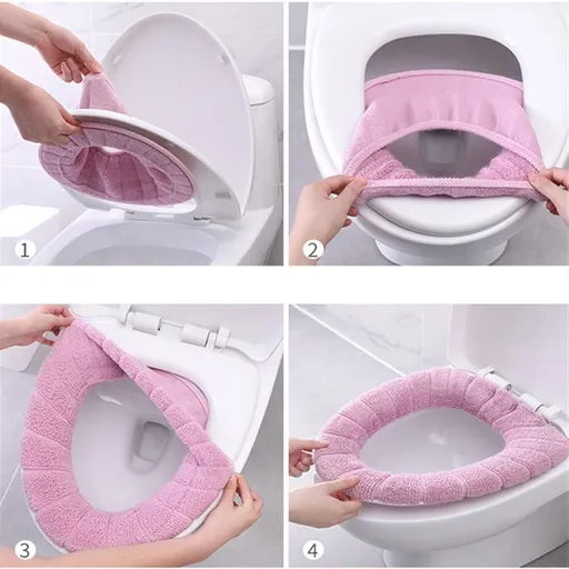 Bathroom Soft Thicker Warmer Stretchable Washable Cloth Toilet Seat Cover Pads, 4PCS (Blue, Pink, Green beige)