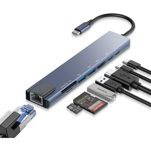 USB C Hub Ethernet,4K USB C To HDMI Hub,8 IN1 Type C Adapter, Compatible